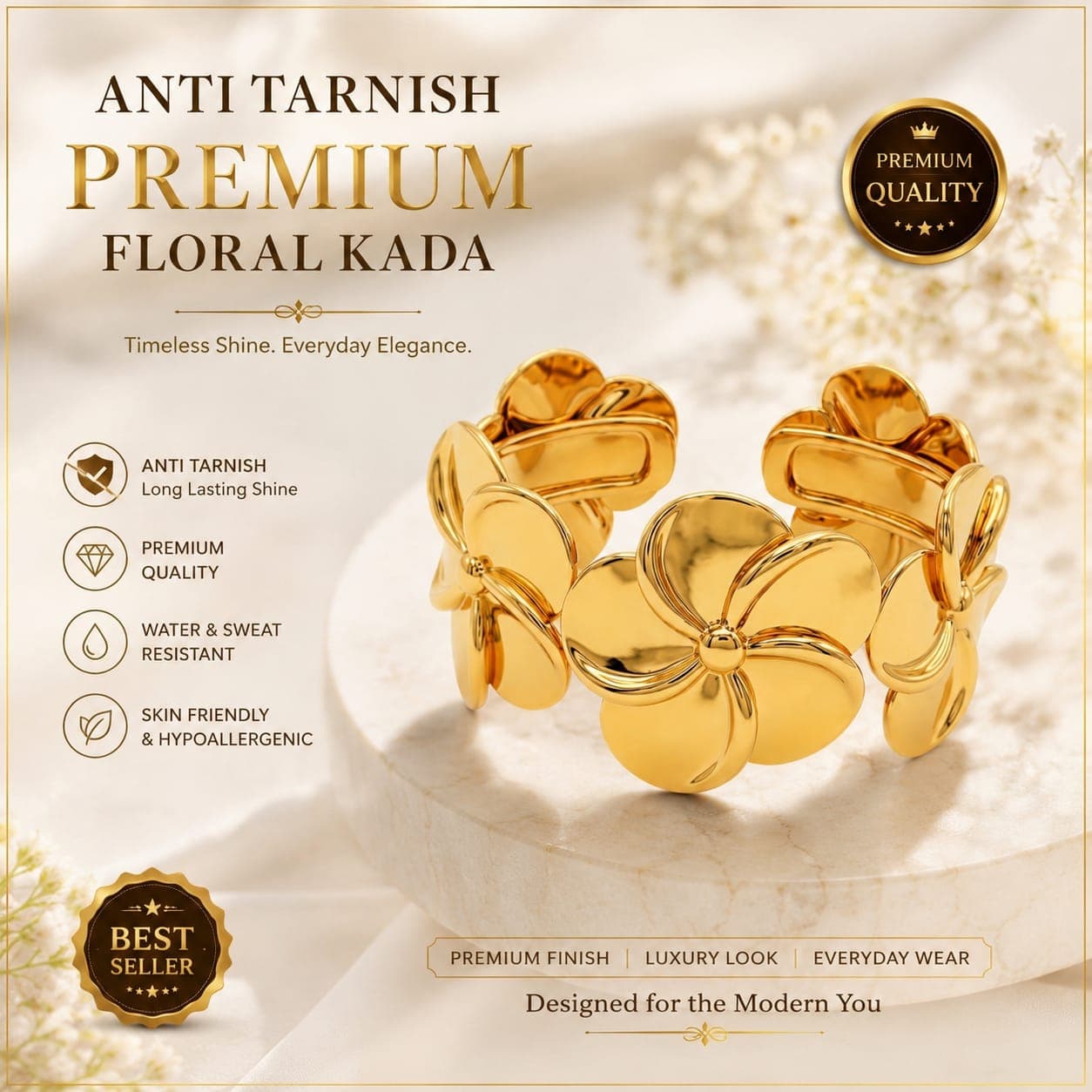 Premium Anti Tarnish Floral Kada for Women | Gold Finish Stainless Steel Bracelet — image 1
