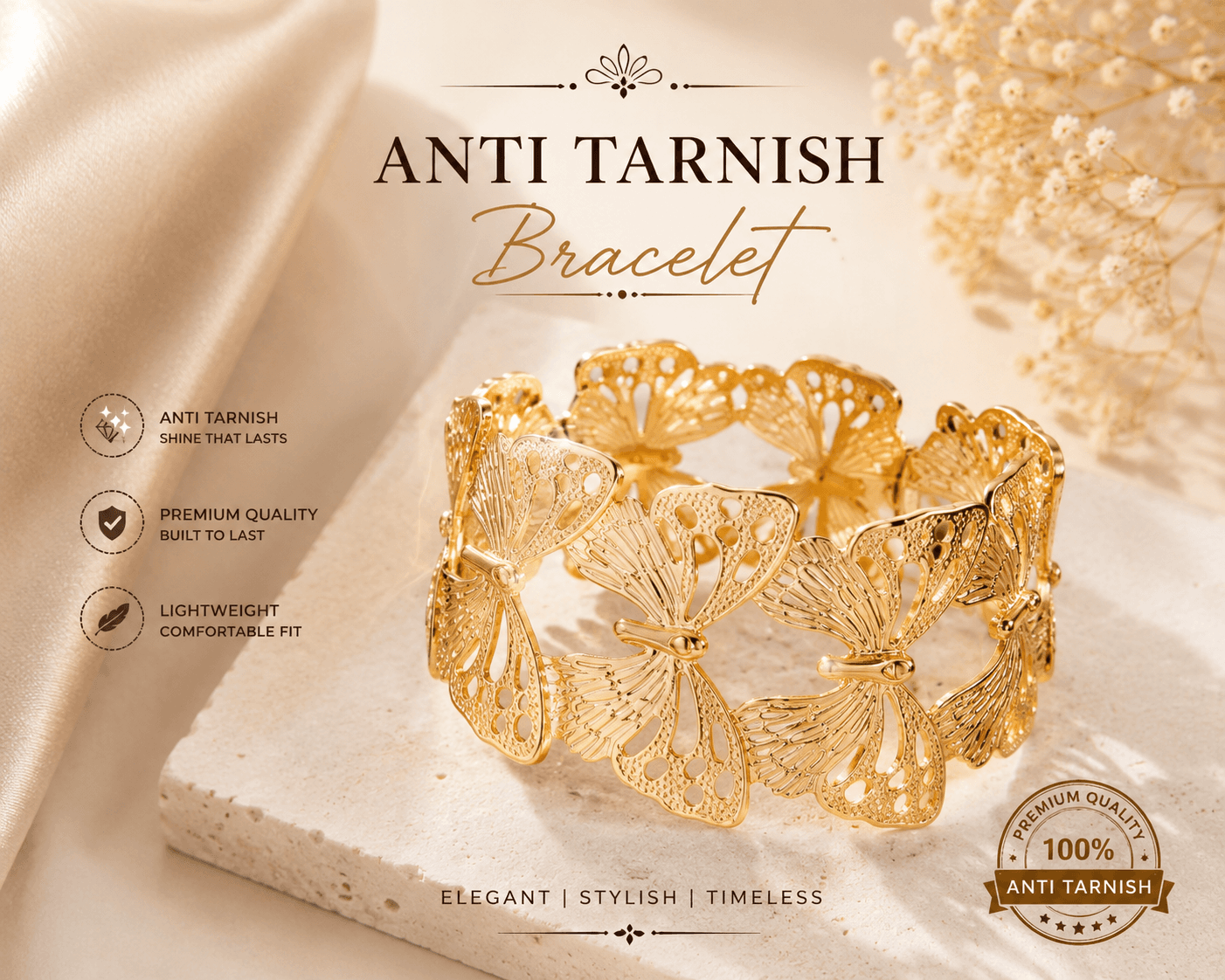 Premium Gold Butterfly Anti Tarnish Open Cuff Bracelet for Women | Adjustable Luxury Bracelet