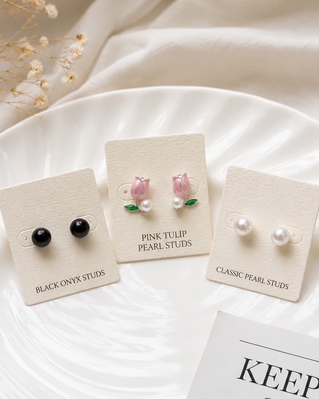 3 Pair Premium Stainless Steel Stud Earrings Combo for Women | Black Ball, Pearl & Pink Tulip — image 1